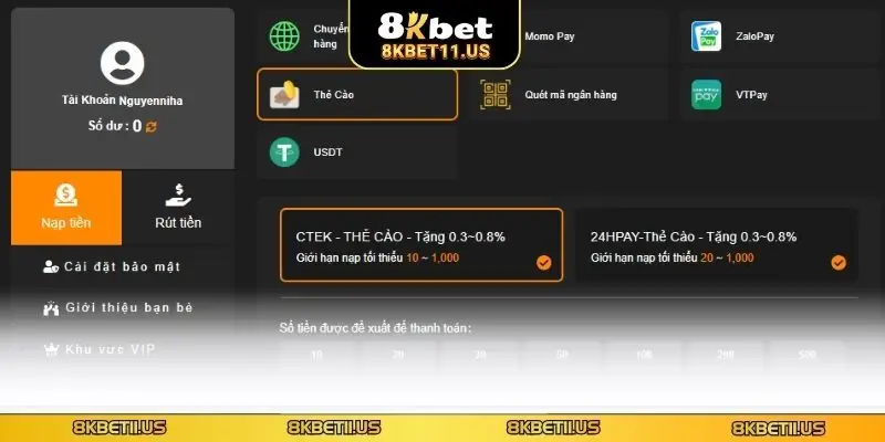 Quy trình nạp tiền 8KBET qua thẻ cào điện thoại